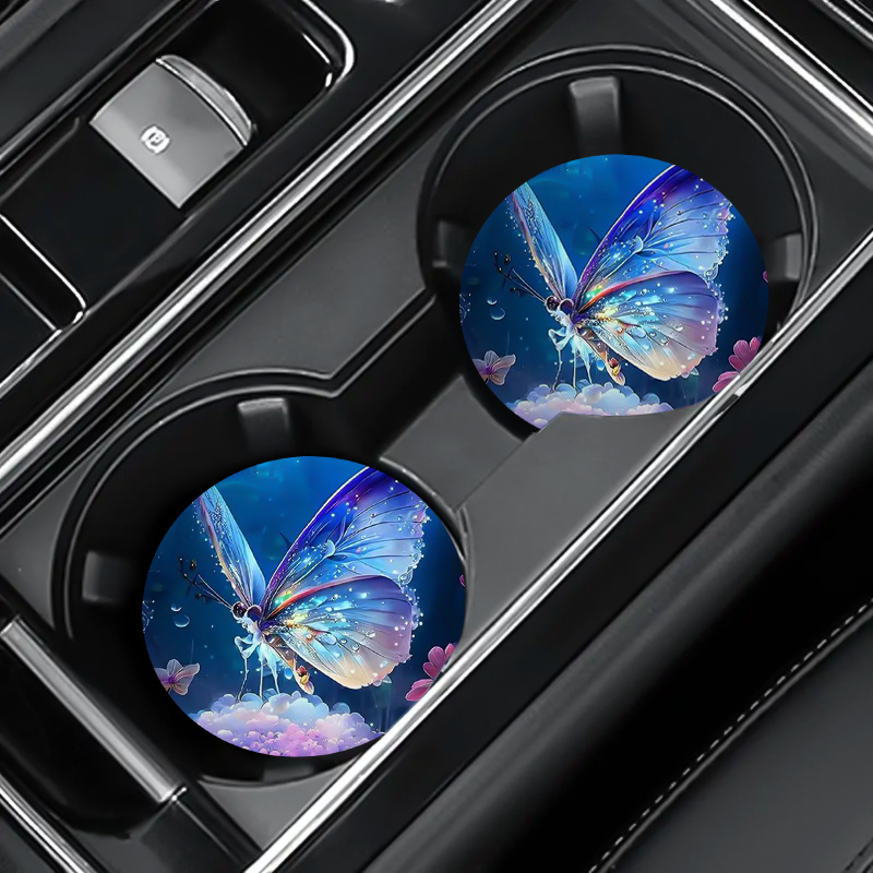 Unique Table Accessories - 美しい蝶の車用カップコースター2個、ラウンドテーブルコースター、滑り止めと洗濯可能なカーアクセサリー、ユニークなギフト