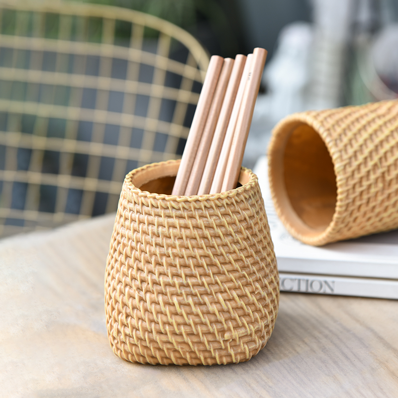 Tablet Reading Accessories - 模造ラタン織り樹脂製ペンホルダー ミニマリスト織り模様のペンシルカップ デスクオーガナイザー ホームオフィス学習机の装飾用