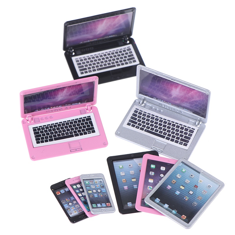 Tablet Accessories Set - 3 ピース/セットシミュレーションミニラップトップコンピュータタブレット携帯電話ドールハウスミニチュア 1:12 合金工芸品ドールハウスの装飾 DIY アクセサリー