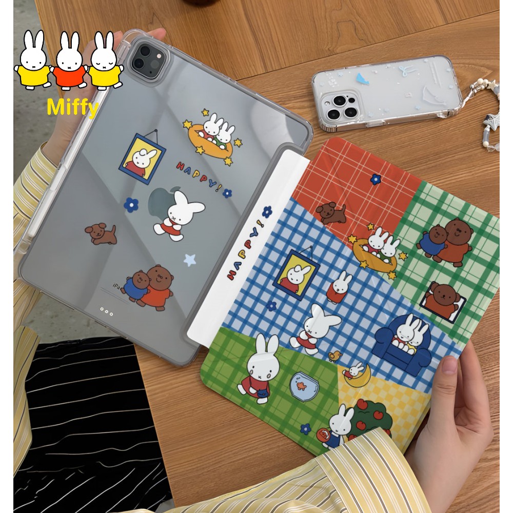 Fire Tablet Accessories - かわいいミッフィーウサギタブレットケース青と緑のチェック柄ミッフィーiPad 7 8 9 10ケースiPad Air