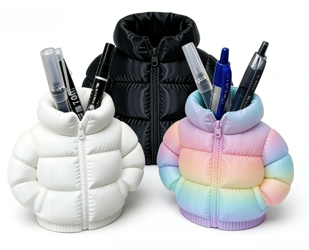 Tablet Reading Accessories - クリエイティブな3Dプリントダウンジャケット型の卓上ペンホルダー、3色展開、かわいいデスクトップ文房具収納オーガナイザー