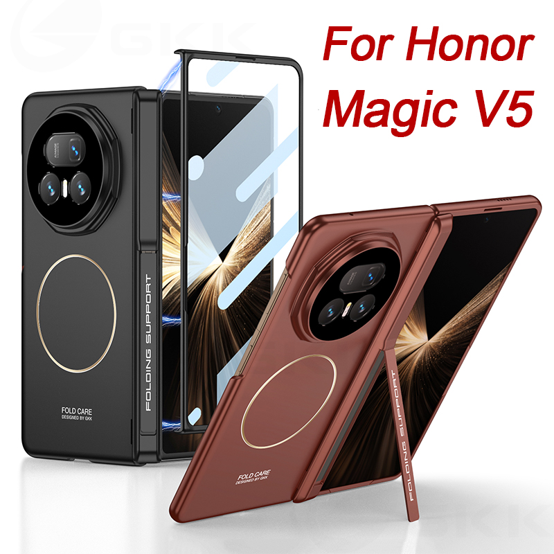 Windows Tablet Accessories - Honor Magic V5用磁気ヒンジアーマーホルダーケース、前面スクリーンガラス一体型プラスチックマットカバー、Honor Magic V5ケース用