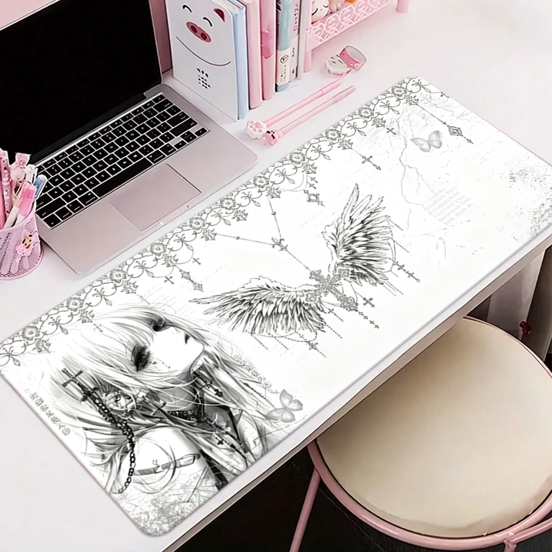 Tablet With All Accessories - レザーマウスパッド黒白アニメ美学エンジェルガールマウスパッドオフィスアクセサリーPCゲームキーボードEスポーツHDデスクマット
