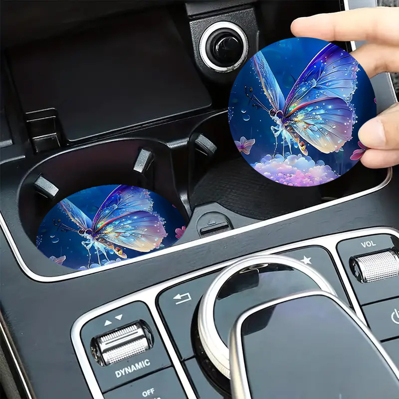 美しい蝶の車用カップコースター2個、ラウンドテーブルコースタ - Unique Table Accessories のレビューと価格