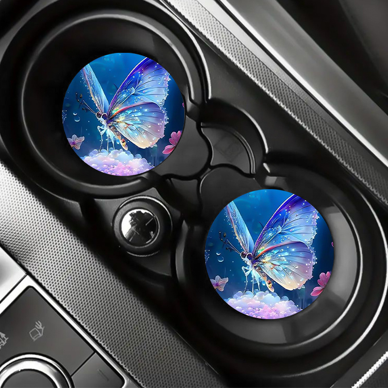 美しい蝶の車用カップコースター2個、ラウンドテーブルコースタ - Unique Table Accessories のレビューと価格